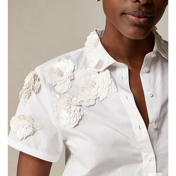 J.CREW Collection Top Women 4 Floral Appliques Button Up NEW Cropped White CC241 - Picture 2 of 16